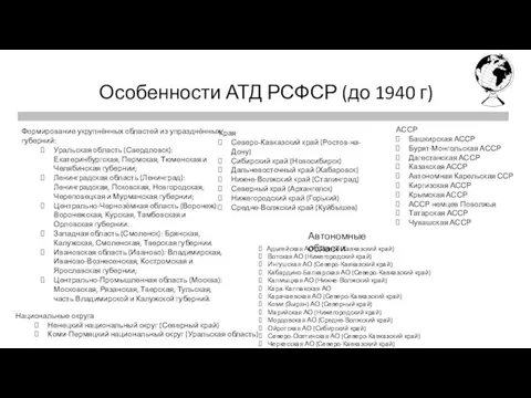 Первая четверть Особенности АТД РСФСР (до 1940 г) Формирование укрупнённых областей