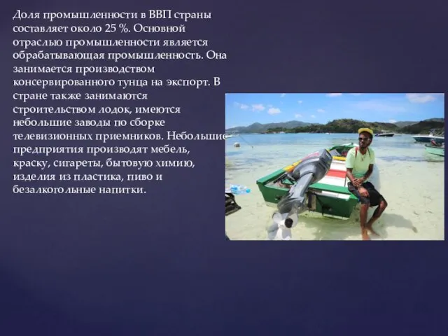 Доля промышленности в ВВП страны составляет около 25 %. Основной отраслью