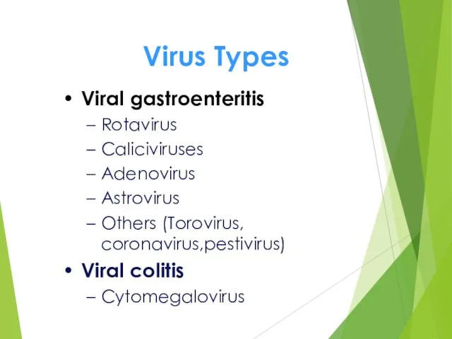 Virus Types Viral gastroenteritis Rotavirus Caliciviruses Adenovirus Astrovirus Others (Torovirus, coronavirus,pestivirus) Viral colitis Cytomegalovirus