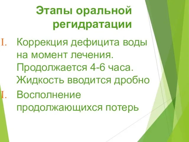 Этапы оральной регидратации Коррекция дефицита воды на момент лечения. Продолжается 4-6