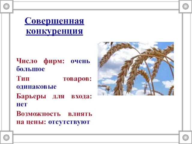 Совершенная конкуренция Число фирм: очень большое Тип товаров: одинаковые Барьеры для