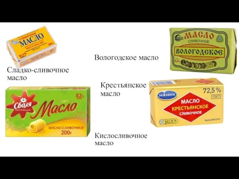 Сладко-сливочное масло Вологодское масло Кислосливочное масло Крестьянское масло