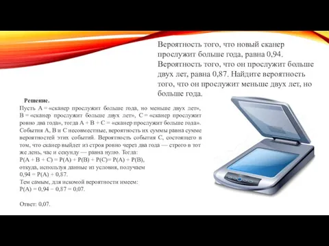 Вероятность того, что новый сканер прослужит больше года, равна 0,94. Вероятность