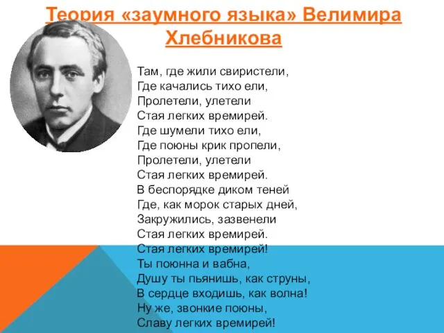 Теория «заумного языка» Велимира Хлебникова Там, где жили свиристели, Где качались