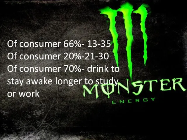 Of consumer 66%- 13-35 Of consumer 20%-21-30 Of consumer 70%- drink