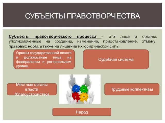 СУБЪЕКТЫ ПРАВОТВОРЧЕСТВА Органы государственной власти и должностные лица на федеральном и