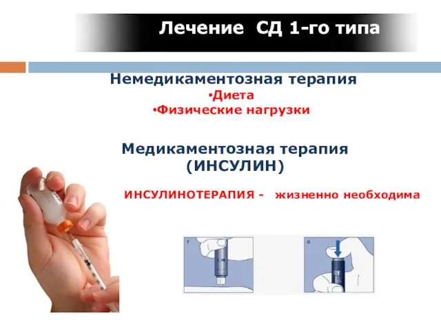 Лечение СД 1-го типа Немедикаментозная терапия Диета Физические нагрузки Медикаментозная терапия (ИНСУЛИН) ИНСУЛИНОТЕРАПИЯ - жизненно необходима