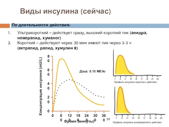 Виды инсулина (сейчас) По длительности действия: Ультракороткий – действует сразу, высокий