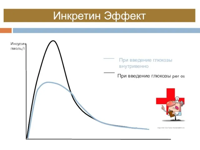 Инкретин Эффект При введение глюкозы внутривенно При введение глюкозы per os Инсулин пмоль/l