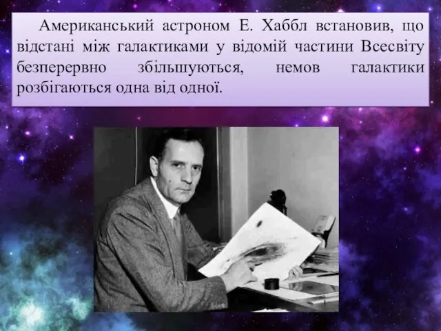 Американський астроном Е. Хаббл встановив, що відстані між галактиками у відомій