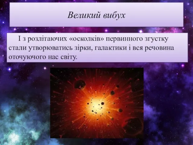 Великий вибух І з розлітаючих «осколків» первинного згустку стали утворюватись зірки,