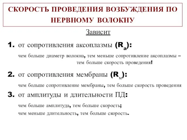 СКОРОСТЬ ПРОВЕДЕНИЯ ВОЗБУЖДЕНИЯ ПО НЕРВНОМУ ВОЛОКНУ Зависит от сопротивления аксоплазмы (Ra):