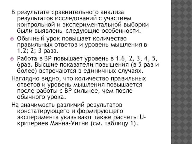 В результате сравнительного анализа результатов исследований с участием контрольной и экспериментальной