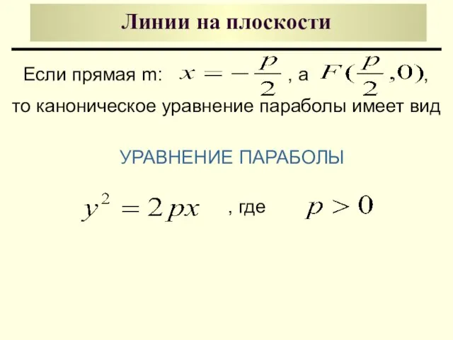 Линии на плоскости УРАВНЕНИЕ ПАРАБОЛЫ Если прямая m: , а ,