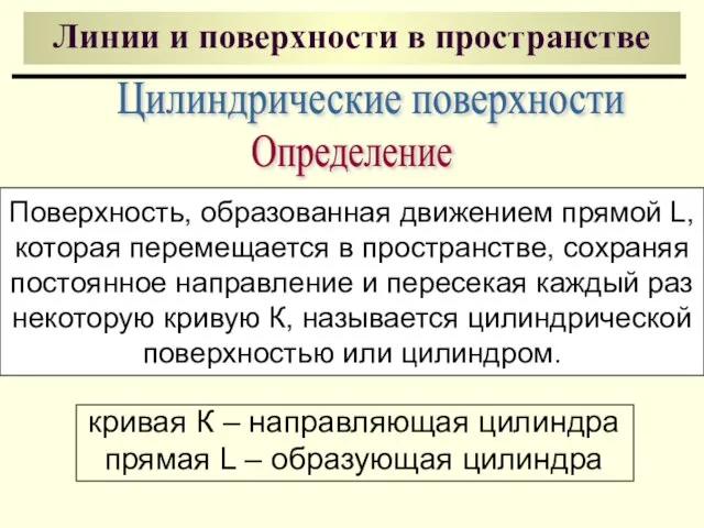 Линии и поверхности в пространстве Поверхность, образованная движением прямой L, которая