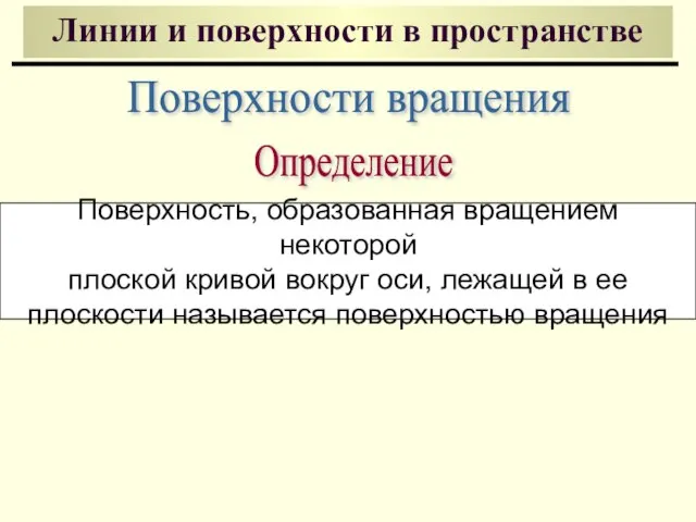 Линии и поверхности в пространстве Поверхность, образованная вращением некоторой плоской кривой