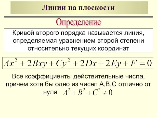 Линии на плоскости Кривой второго порядка называется линия, определяемая уравнением второй