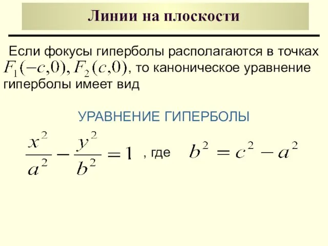 Линии на плоскости УРАВНЕНИЕ ГИПЕРБОЛЫ Если фокусы гиперболы располагаются в точках