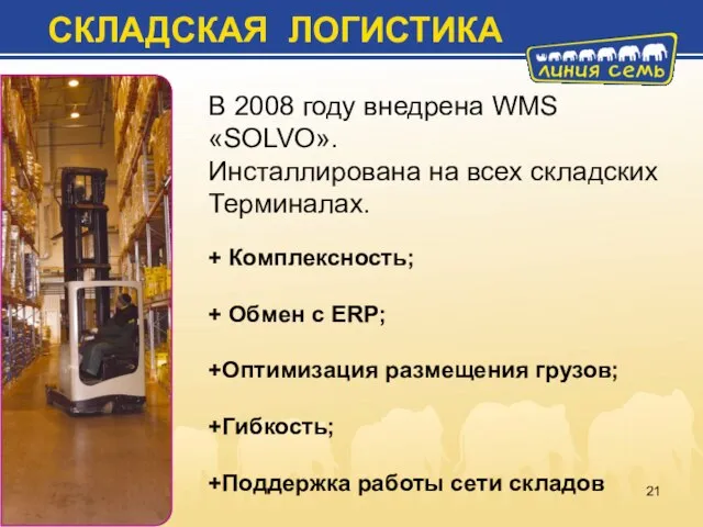 В 2008 году внедрена WMS «SOLVO». Инсталлирована на всех складских Терминалах.