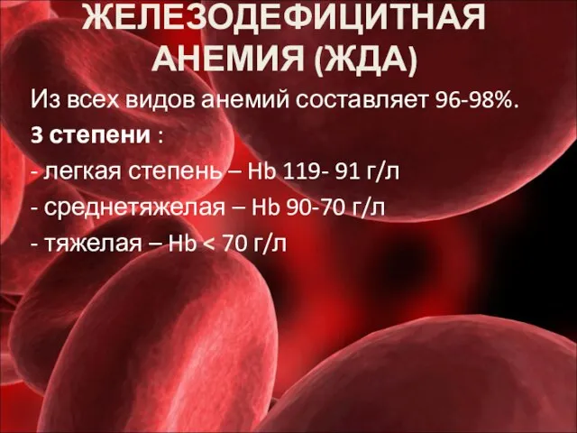 ЖЕЛЕЗОДЕФИЦИТНАЯ АНЕМИЯ (ЖДА) Из всех видов анемий составляет 96-98%. 3 степени