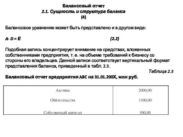 Балансовый отчет 2.1. Сущность и структура баланса (4) Балансовое уравнение может