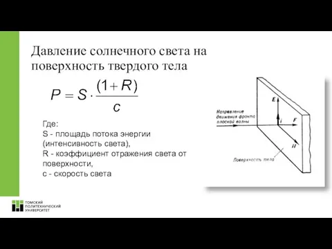 Давление солнечного света на поверхность твердого тела Где: S - площадь