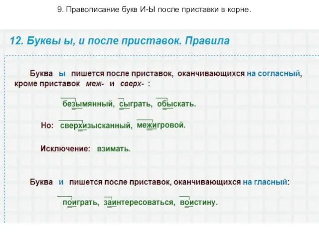 9. Правописание букв И-Ы после приставки в корне.