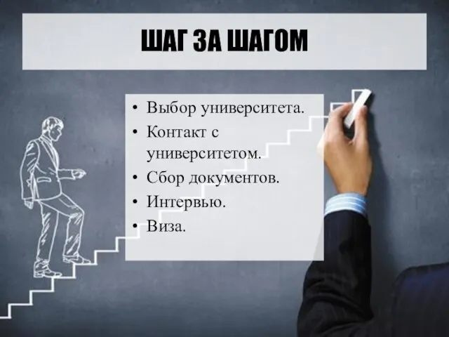 ШАГ ЗА ШАГОМ Выбор университета. Контакт с университетом. Сбор документов. Интервью. Виза.