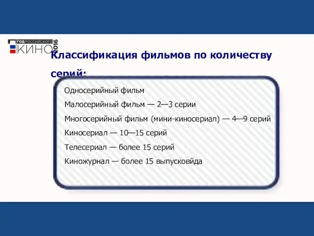 Классификация фильмов по количеству серий: Односерийный фильм Малосерийный фильм — 2—3