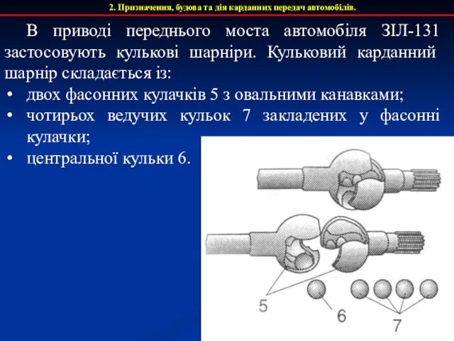 В приводі переднього моста автомобіля ЗІЛ-131 застосовують кулькові шарніри. Кульковий карданний