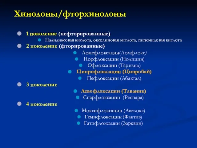 Хинолоны/фторхинолоны 1 поколение (нефторированные) Налидиксовая кислота, оксолиновая кислота, пипемидовая кислота 2