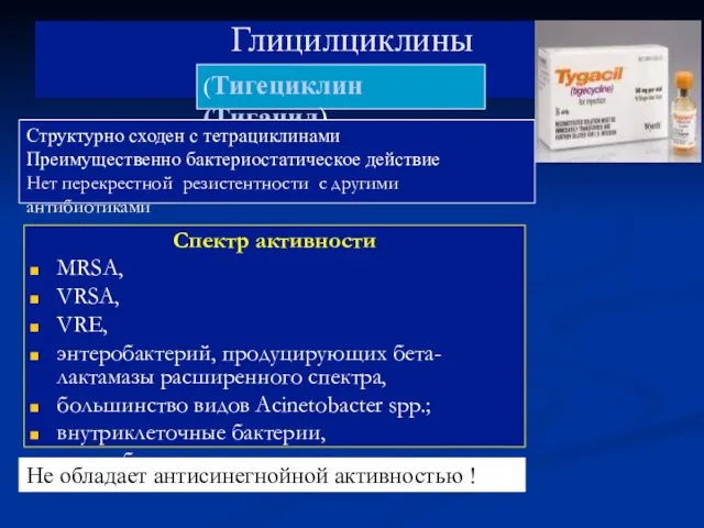 Глицилциклины Спектр активности MRSA, VRSA, VRE, энтеробактерий, продуцирующих бета-лактамазы расширенного спектра,