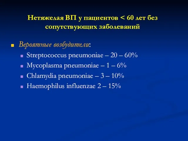 Нетяжелая ВП у пациентов Вероятные возбудители: Streptococcus pneumoniae – 20 –