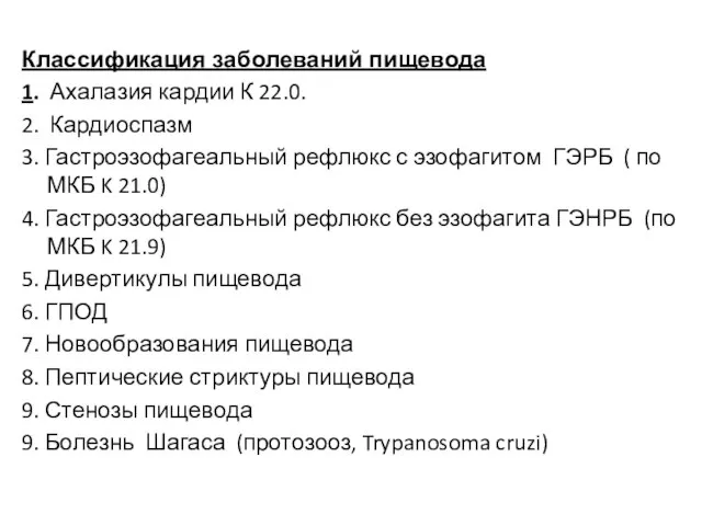 Классификация заболеваний пищевода 1. Ахалазия кардии К 22.0. 2. Кардиоспазм 3.