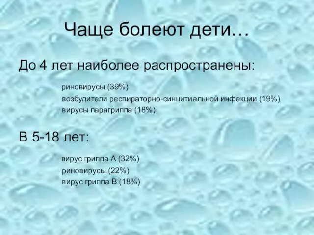 Чаще болеют дети… До 4 лет наиболее распространены: риновирусы (39%) возбудители