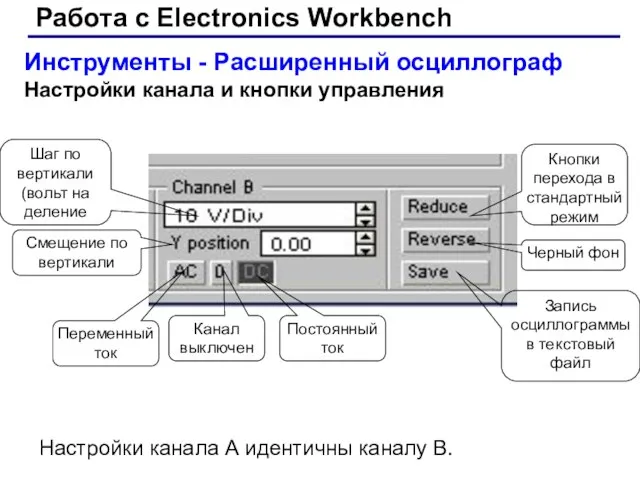 Работа с Electronics Workbench Инструменты - Расширенный осциллограф Настройки канала и