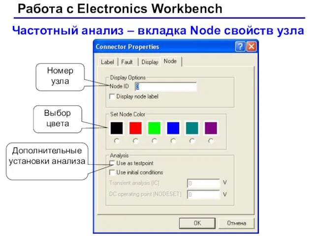 Работа с Electronics Workbench Частотный анализ – вкладка Node свойств узла