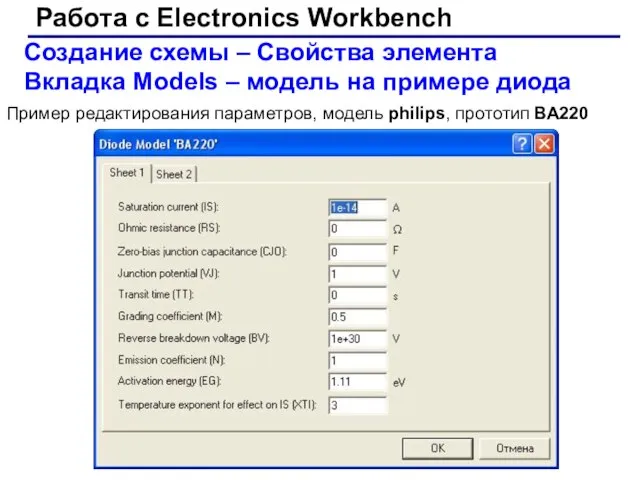 Работа с Electronics Workbench Создание схемы – Свойства элемента Вкладка Models