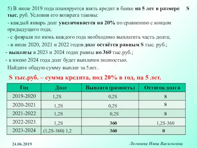 5) В июле 2019 года планируется взять кредит в банке на