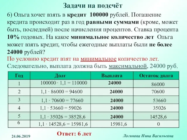 6) Ольга хочет взять в кредит 100000 рублей. Погашение кредита происходит