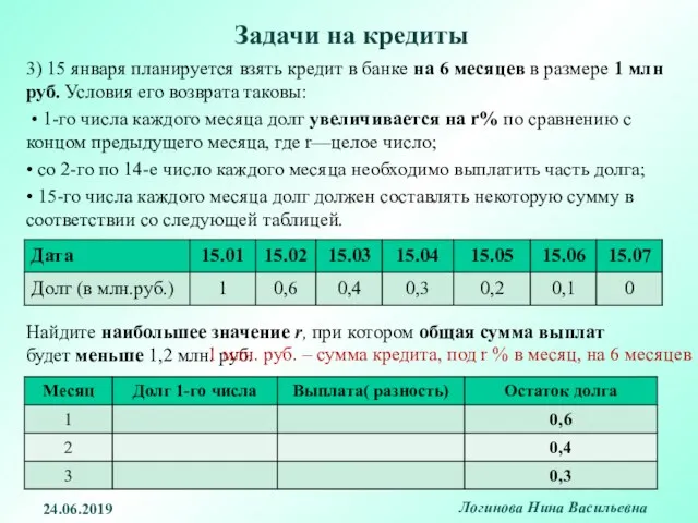 3) 15 января планируется взять кредит в банке на 6 месяцев