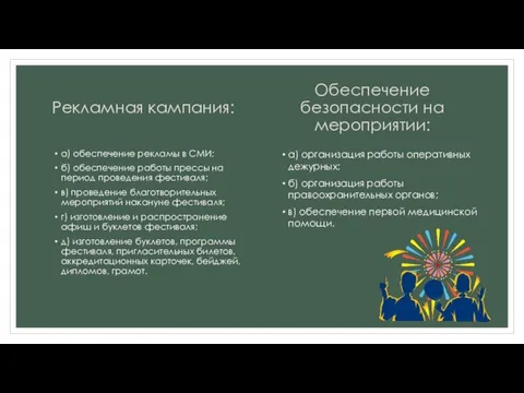 Рекламная кампания: а) обеспечение рекламы в СМИ; б) обеспечение работы прессы