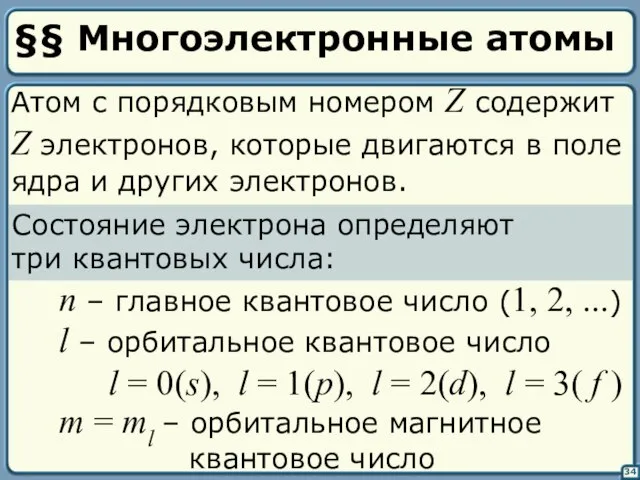 §§ Многоэлектронные атомы 34 Атом с порядковым номером Z содержит Z