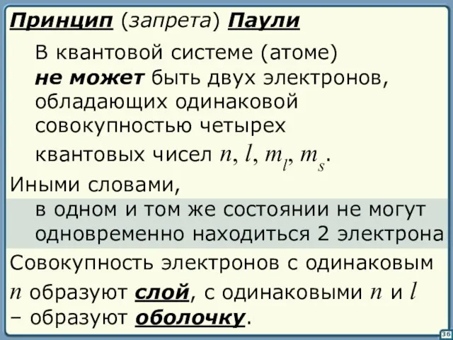 36 Принцип (запрета) Паули В квантовой системе (атоме) Иными словами, в