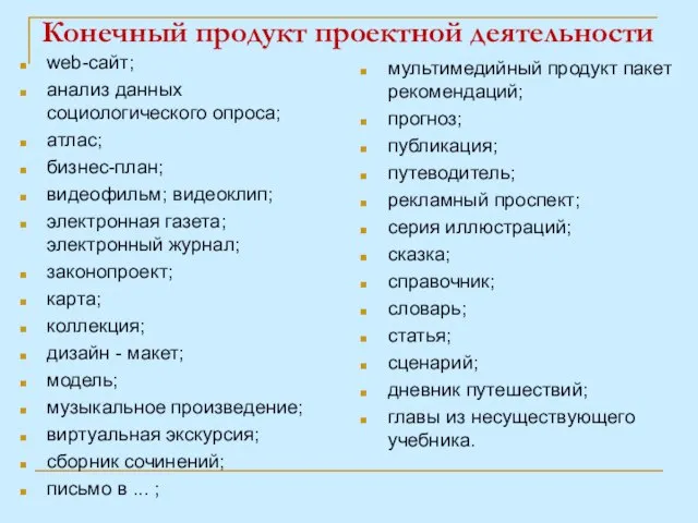 Конечный продукт проектной деятельности web-сайт; анализ данных социологического опроса; атлас; бизнес-план;