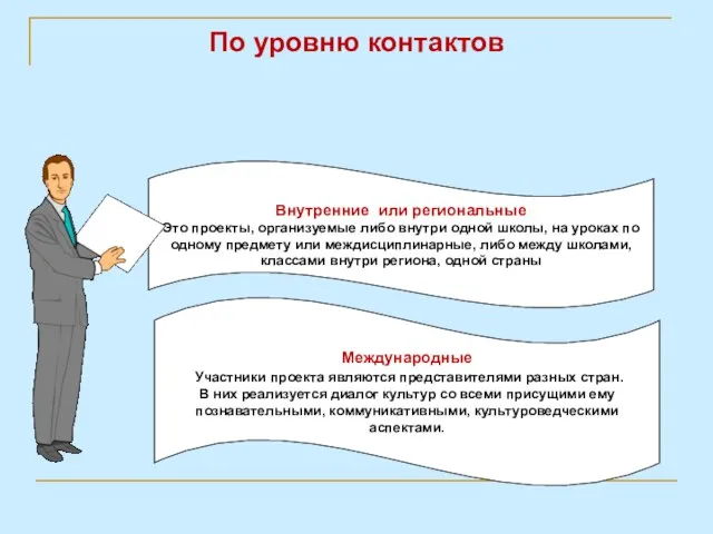 По уровню контактов Внутренние или региональные Это проекты, организуемые либо внутри