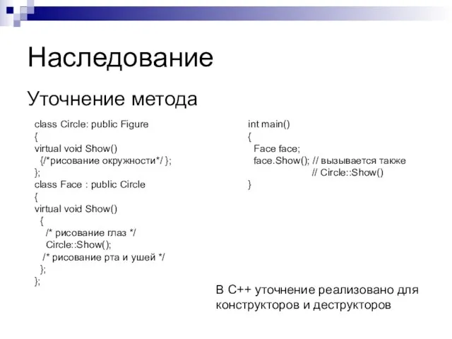 Наследование Уточнение метода class Circle: public Figure { virtual void Show()