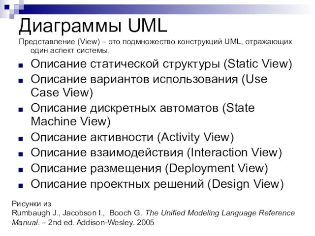 Диаграммы UML Представление (View) – это подмножество конструкций UML, отражающих один
