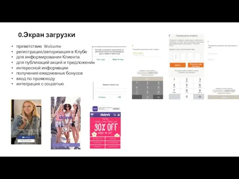 0.Экран загрузки приветствие Welcome регистрация/авторизация в Клубе для информирования Клиента для