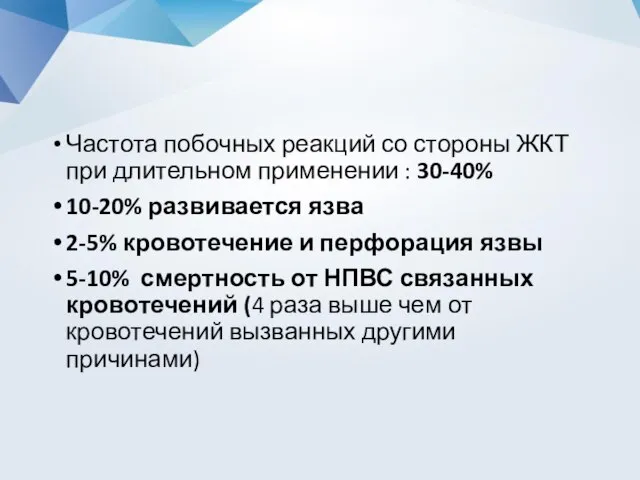 Частота побочных реакций со стороны ЖКТ при длительном применении : 30-40%